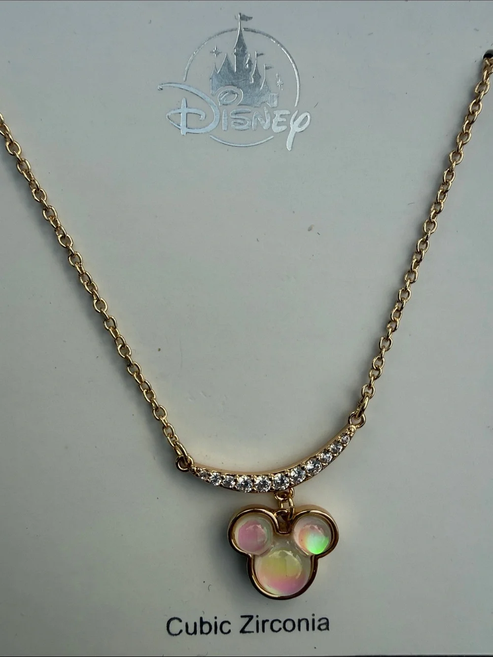 Disney Gold-Tone Iridescent Pink Mickey Mouse Cubic Zirconia Pendant Necklace
